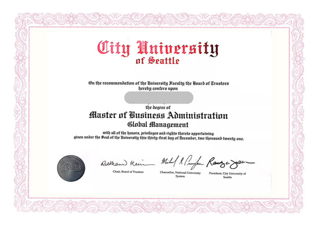 美国西雅图城市大学工商管理MBA证书样本